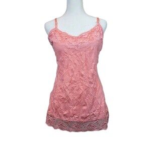 Y2K Dressbarn Womens Medium Lace Trim Camisole Long Slim Tank Top Coral Crinkle